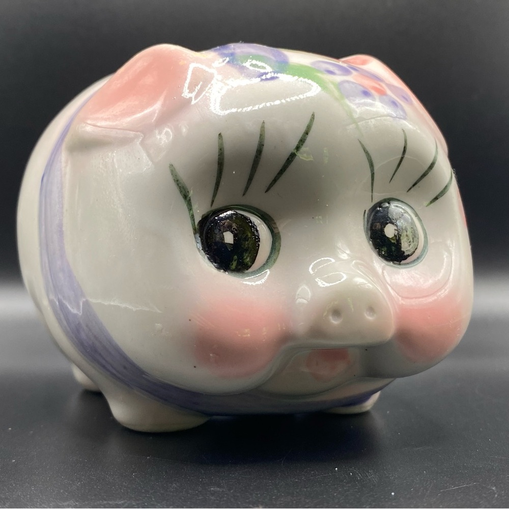 Vintage Ceramic Pig Piggy Bank Hand Painted Purple Pink Flowers And Bow